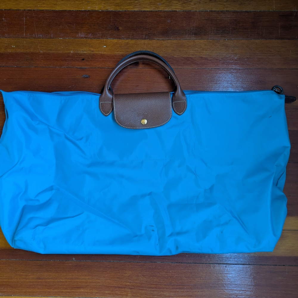Longchamp Blue Tote Bag with Brown Handles (Xl Le Pliage Travel Bag)